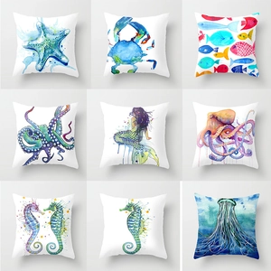 Aquarell Meeresbewohner Meerjungfrau Oktopus Schildkröte Muster Polyester Pfirsichhaut Quadratischer Kissenbezug Für Heimdekoration