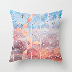 Pink marble geometric throw pillow case with sunset gradient sky and gold hexagon pattern