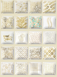 Detail view of twenty golden patterns on peach skin pillow covers for sofa decor