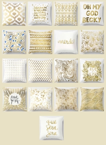 Detailed grid view of seventeen white cushion covers with elegant gold geometric patterns