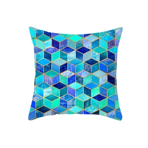 Pink and blue geometric marble pillow case with gold lines and 3D cube pattern