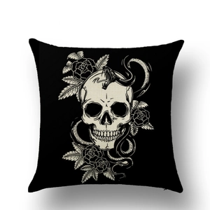 Macro shot of Halloween linen pillowcase showing skull, snake, and hidden zipper detail