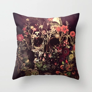 Artistic square linen pillowcase with skull pattern made of flowers and birds