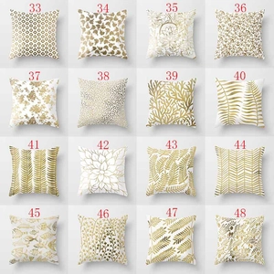Golden geometric and botanical print square pillow covers in sixteen distinct patterns