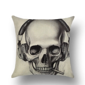 Detail of linen Halloween pillowcase with skull wearing headphones and smoking sketch