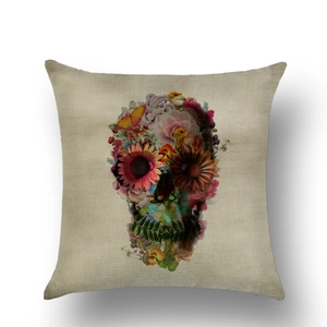 Close-up detail of linen texture and colorful floral skull print on Halloween cushion cover