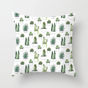Square pillowcase with minimalist cactus and succulent patterns on white fabric texture