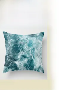 Detail showing the digital blue wave print on clear and fade-resistant peach skin fabric