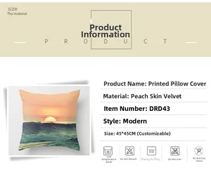 Detail view of sunset ocean peach skin pillowcase with 45x45cm size specifications