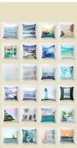 Detailed grid of 24 ocean and tropical beach themed peach skin velvet pillow covers