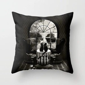 Halloween skull illusion throw pillow cover with artistic cat pattern on linen fabric