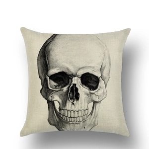 Detail of artistic human skull sketch on durable linen Halloween cushion cover texture