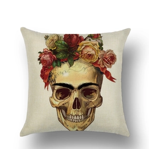 Macro shot of linen texture on Halloween skull pillow cover with realistic floral motifs