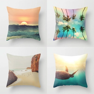 Set of four coastal ocean peach skin pillow covers featuring sunset wave and turtle prints