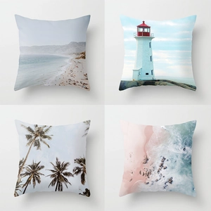 Set of 4 ocean theme throw pillow covers featuring beach, lighthouse, and palm tree prints