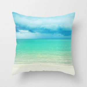 Square peach skin pillow case featuring fresh blue ocean landscape and white sand beach