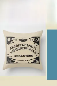 Detail of vintage Ouija board pattern on square polyester Halloween pillowcase