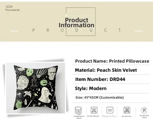 Detail view of Halloween pillowcase featuring skull and pumpkin prints on peach skin fabric