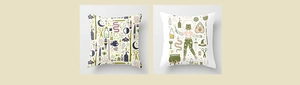 Close-up of Halloween occult theme polyester cushion covers with vintage hand-drawn prints