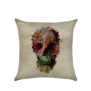 Halloween skull pillow cover with floral pattern and butterfly on linen fabric
