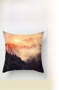 Detailed view of square pillowcase featuring a digital forest fog print and sturdy seams