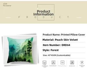 Detail view of peach skin polyester pillowcase showing forest print and size specifications