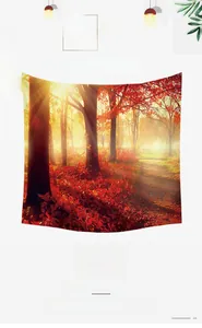 Gros plan détaillé montrant l'impression numérique HD d'une tapisserie de forêt d'automne
