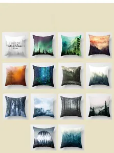 Matrix layout of polyester pillowcases featuring 14 forest and nature landscape prints