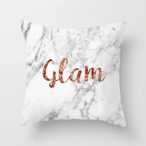 Pink marble cushion cover with rose gold Glam text on peach skin fabric