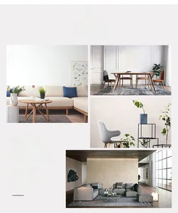 Modern Nordic interior decor with fabric sofa and solid wood furniture in several room settings