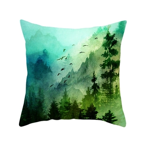 Mist Forest watercolor polyester pillow cover featuring green mountains and flying birds