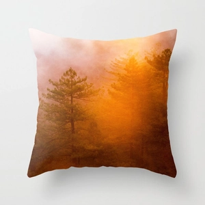 Square polyester pillow cover featuring an artistic golden sunset forest landscape print