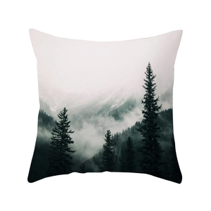 Square polyester cushion cover featuring a Nordic misty forest and mountain landscape print