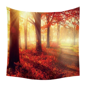 Tapisserie murale forêt d'automne avec soleil doré et décor de feuilles rouges