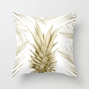 Golden pineapple and palm leaf print square pillowcase on minimalist gray background