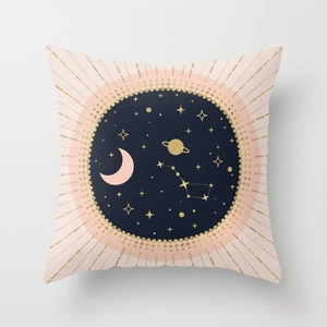 Detail of star and moon pattern on geometric gold peach skin velvet pillow cover