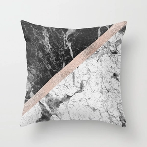 Detail of geometric marble peach skin pillow case with rose gold metallic diagonal line