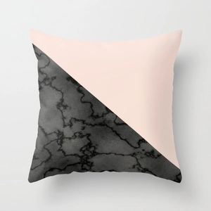 Detail of square pillowcase featuring diagonal marble texture and pink peach skin fabric