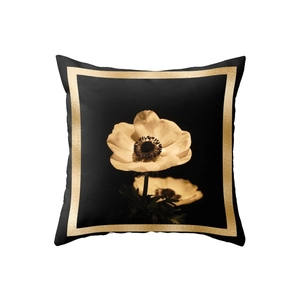 Square black peach skin pillowcase with golden floral pattern and elegant frame