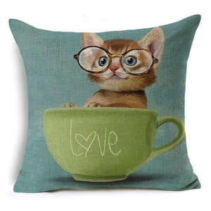 Modern linen cat pillow cover featuring a cute kitten in a cup with Love text design