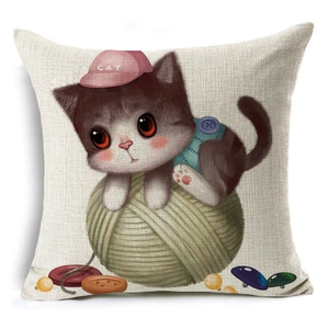 Modern square cushion cover with cartoon cat and green yarn ball on linen fabric