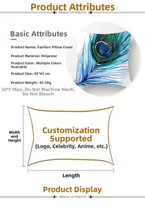 Pfauenfeder Kissenbezug Detail mit 45x45cm Größe und Polyester Material Informationen