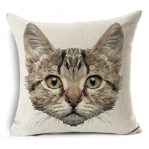 Detail view of linen pillowcase featuring a modern geometric cat head illustration