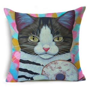 Detailed texture of cotton linen cushion cover with cat and donut art illustration