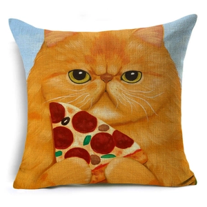 Close-up of square linen cushion cover featuring a hand-drawn orange cat with pizza slice