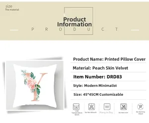 Detail view of peach skin velvet pillowcase with floral letter Y and size 45x45cm