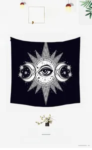 Detail of Nordic sun and moon tapestry showing the polyester fabric and printed sun eye pattern