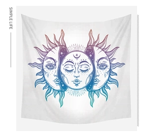 Detail of minimalist sun and moon tapestry featuring mythical gradient celestial faces