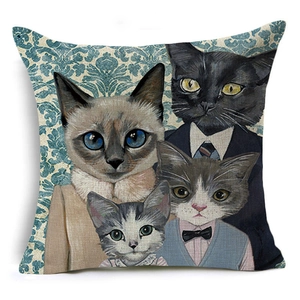 Detailed texture of cotton linen cushion cover featuring anthropomorphic cat portraits