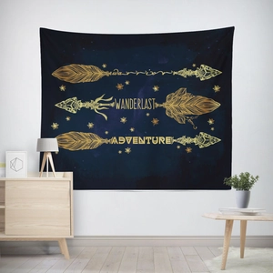 Detail of navy blue wall tapestry featuring golden feather arrows and adventure text